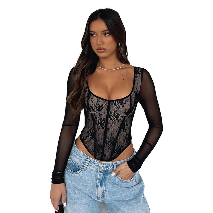 Lana - Damen Langarmshirt mit Spitzeneinsatz | Slim Fit | Street Fashion