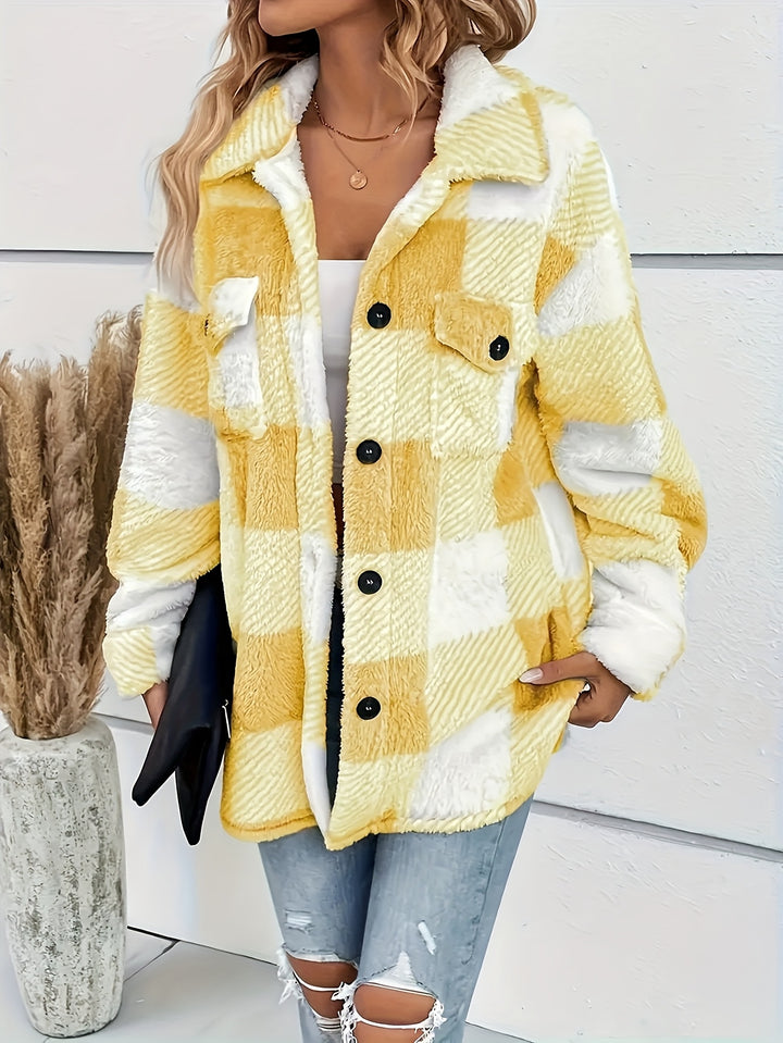 Aurora Karierter Kuschel-Fleece Wintermantel – Weicher Stretch Plaid Mantel