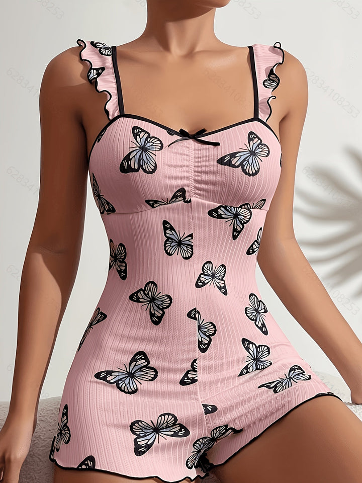 Gerippter Pyjama-Overall mit Schmetterlings-Print, Rüschenträgern und Wellensaum