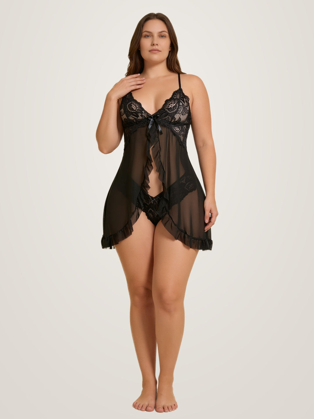 Transparentes Babydoll-Negligé mit offener Front und passendem Slip aus Spitze