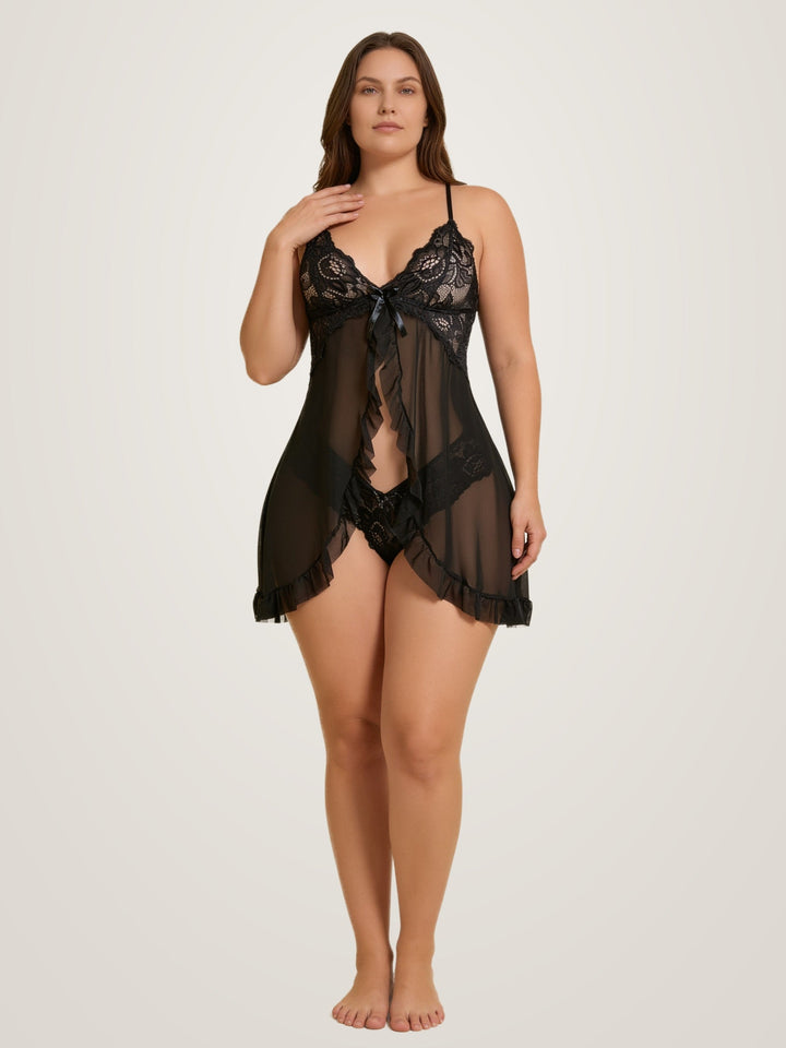 Transparentes Babydoll-Negligé mit offener Front und passendem Slip aus Spitze