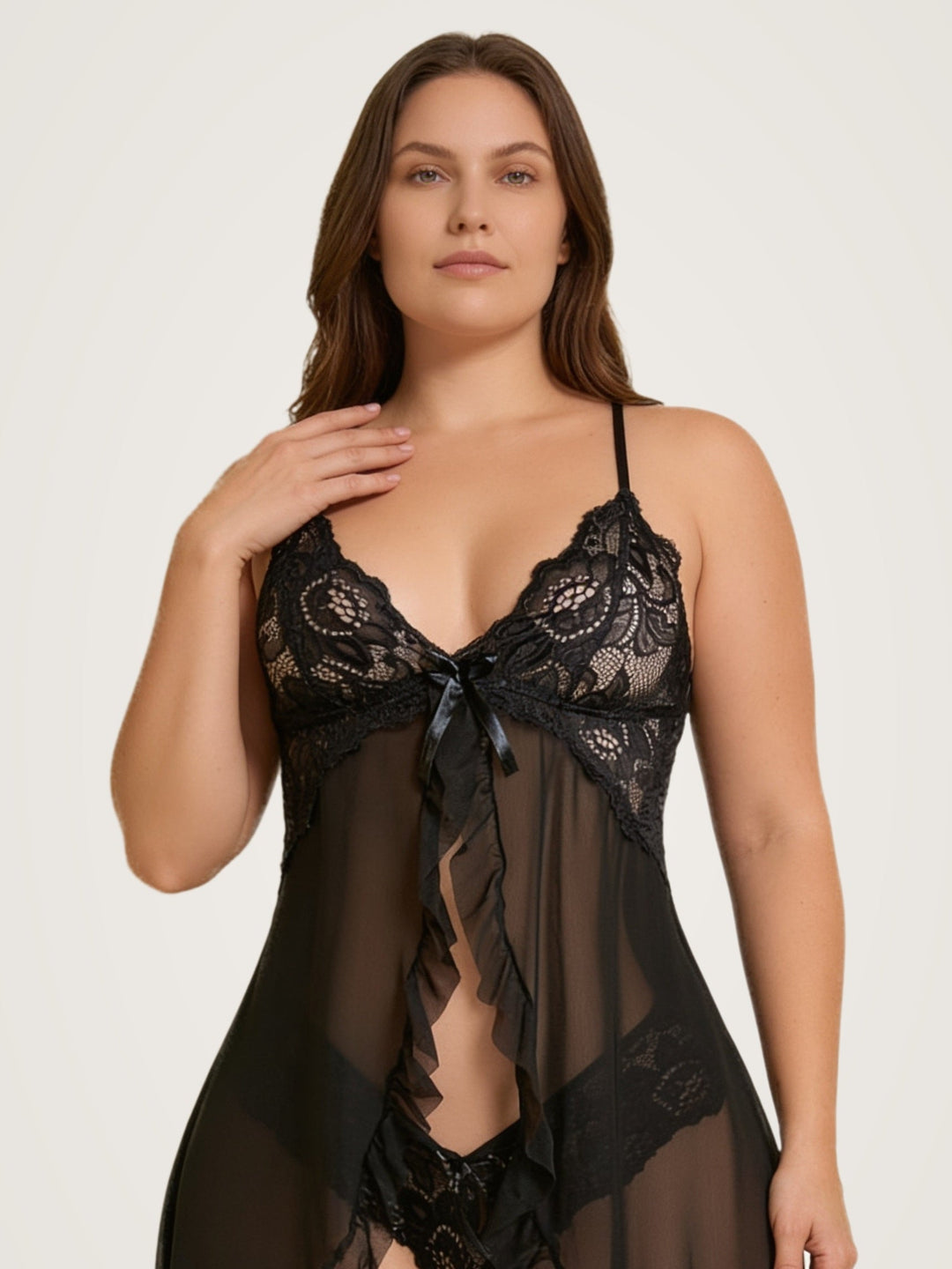 Transparentes Babydoll-Negligé mit offener Front und passendem Slip aus Spitze