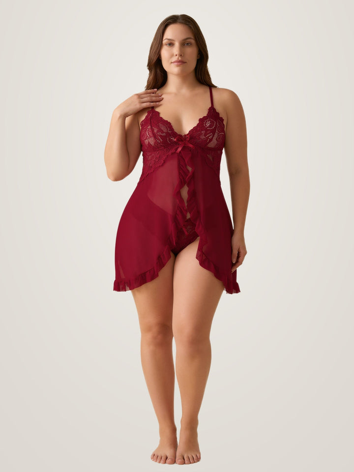 Transparentes Babydoll-Negligé mit offener Front und passendem Slip aus Spitze