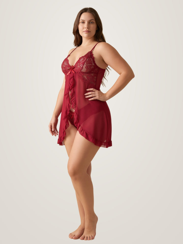 Transparentes Babydoll-Negligé mit offener Front und passendem Slip aus Spitze
