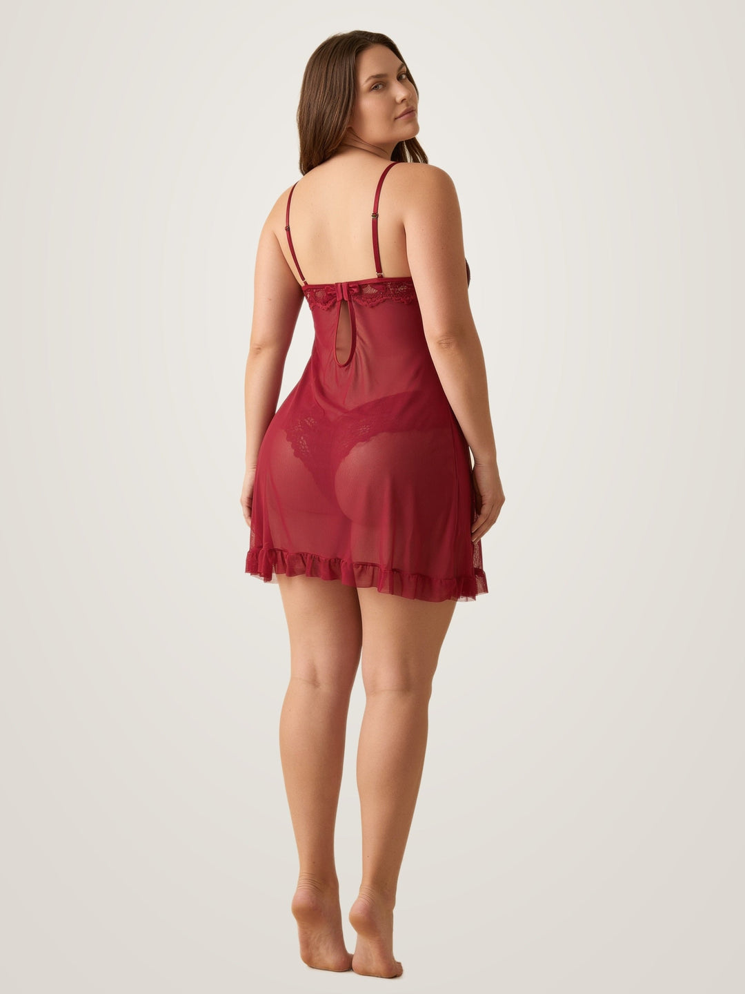 Transparentes Babydoll-Negligé mit offener Front und passendem Slip aus Spitze