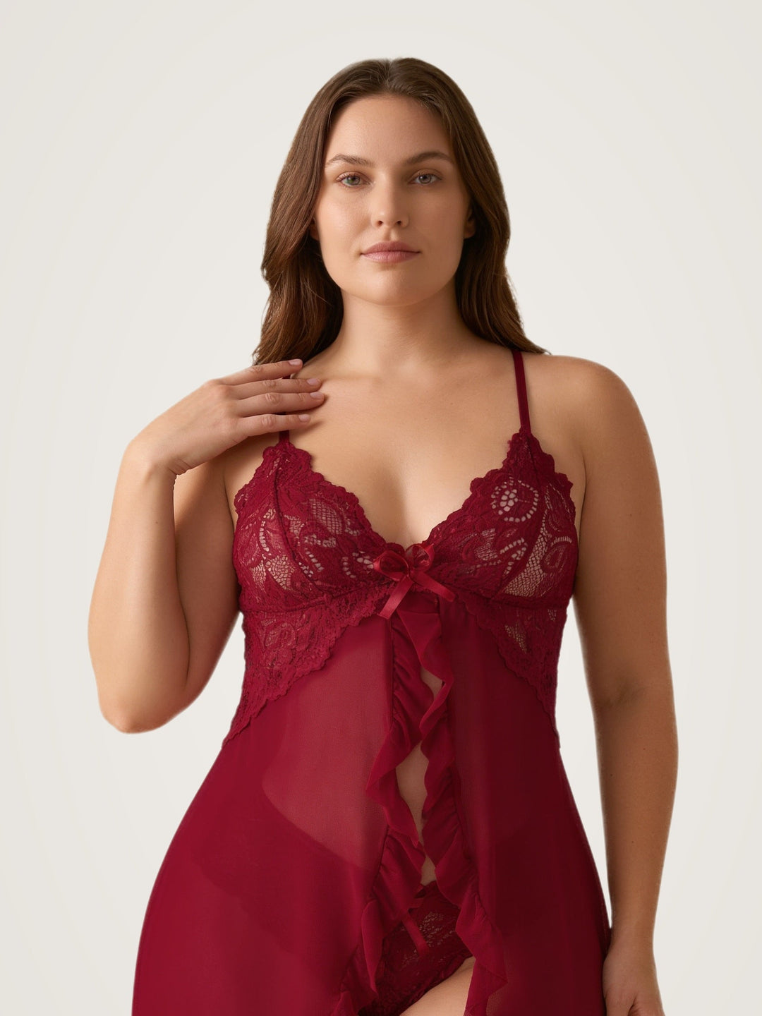 Transparentes Babydoll-Negligé mit offener Front und passendem Slip aus Spitze
