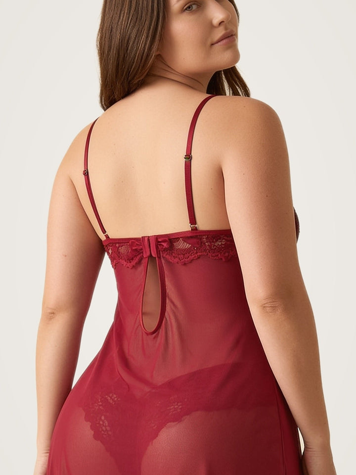 Transparentes Babydoll-Negligé mit offener Front und passendem Slip aus Spitze