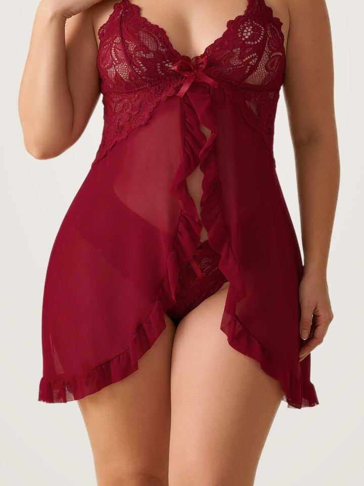 Transparentes Babydoll-Negligé mit offener Front und passendem Slip aus Spitze