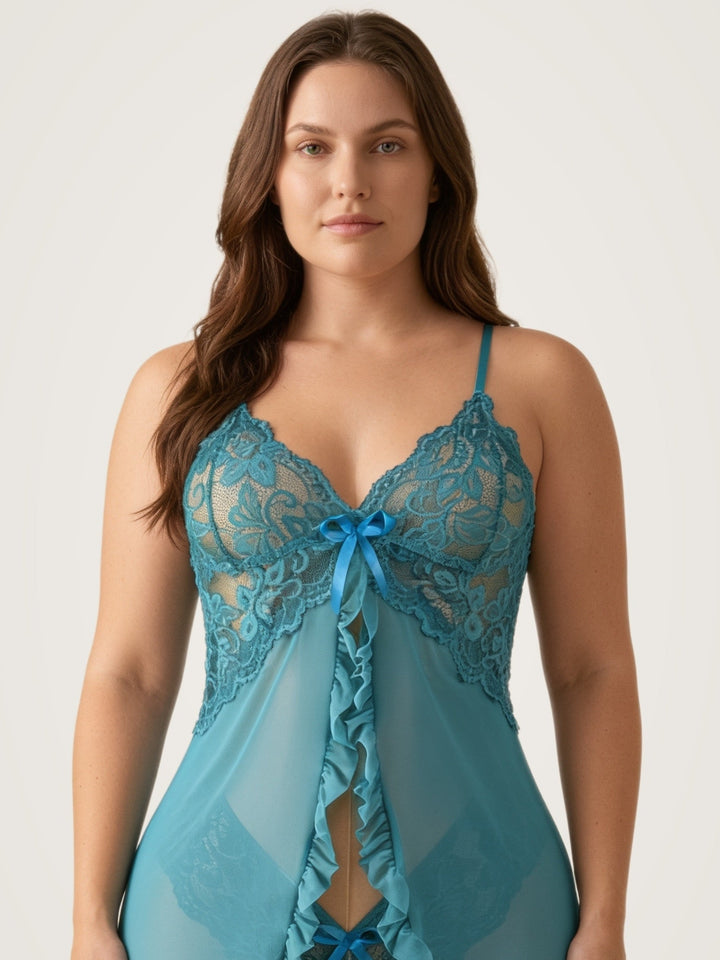 Transparentes Babydoll-Negligé mit offener Front und passendem Slip aus Spitze