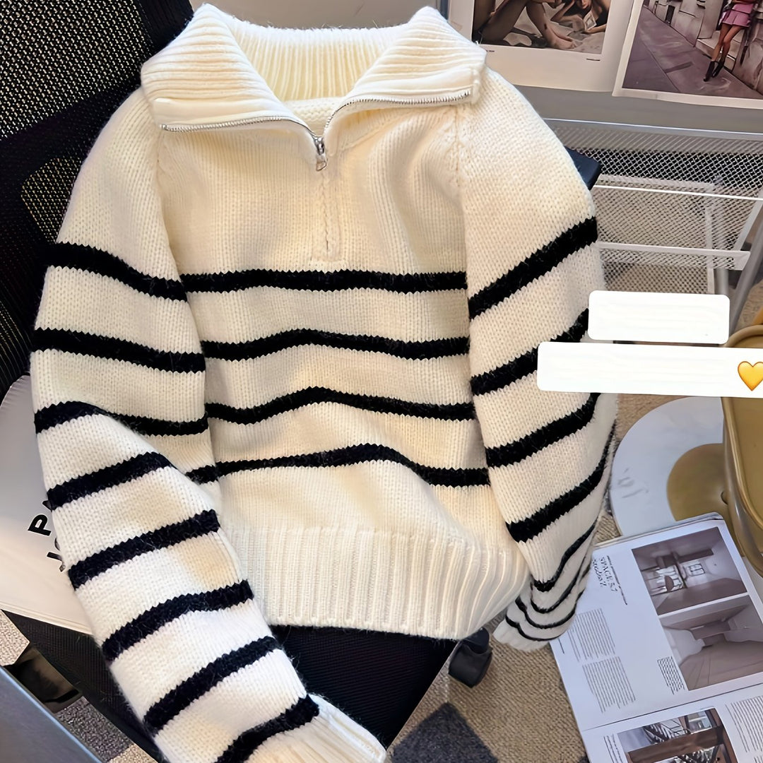Luna Schwarz-Weiß Gestreifter Halb-Zip Turtleneck Pullover