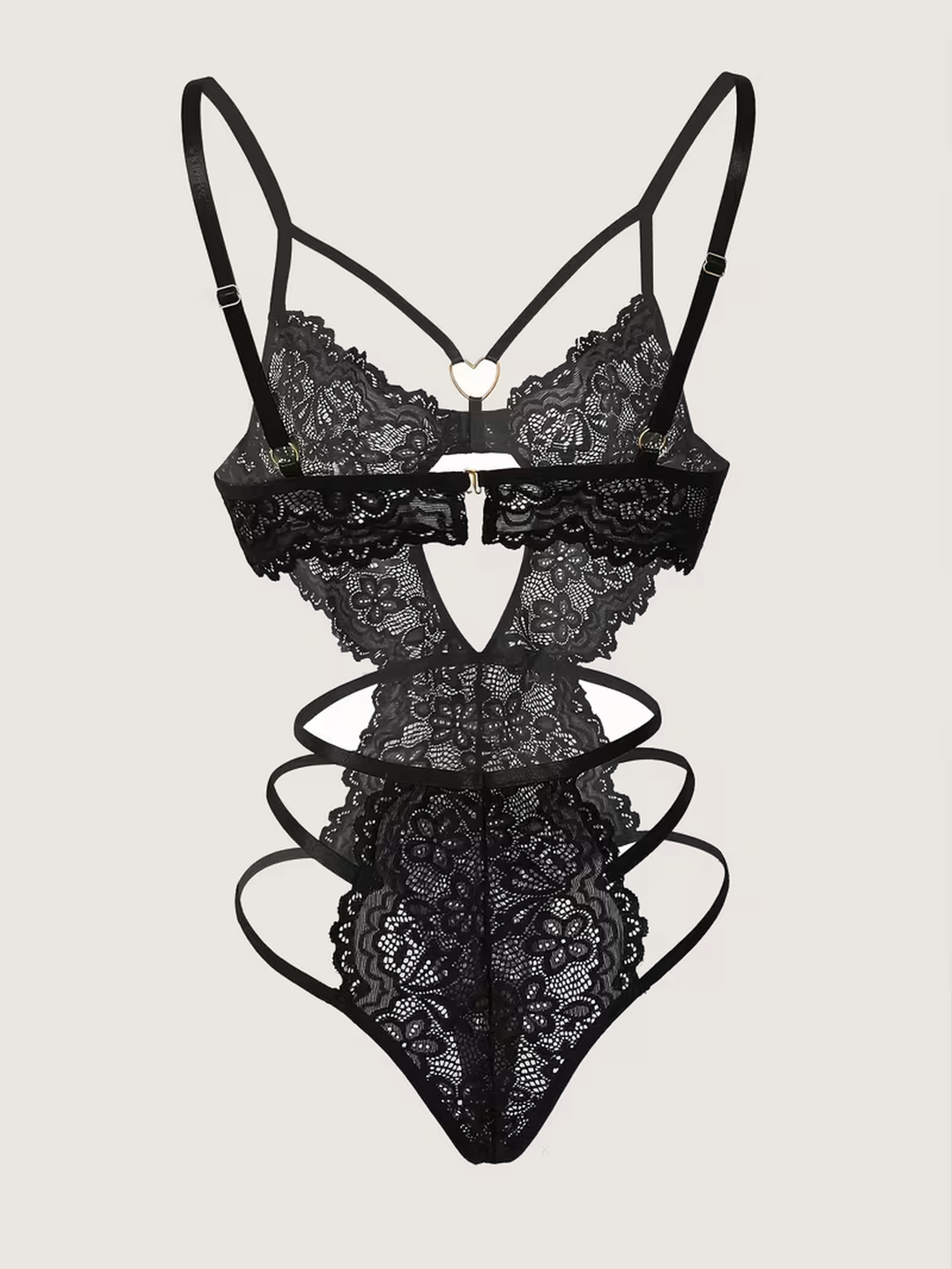 Transparenter Body aus Blumen-Spitze mit offenem Rücken und goldfarbenem Herzring