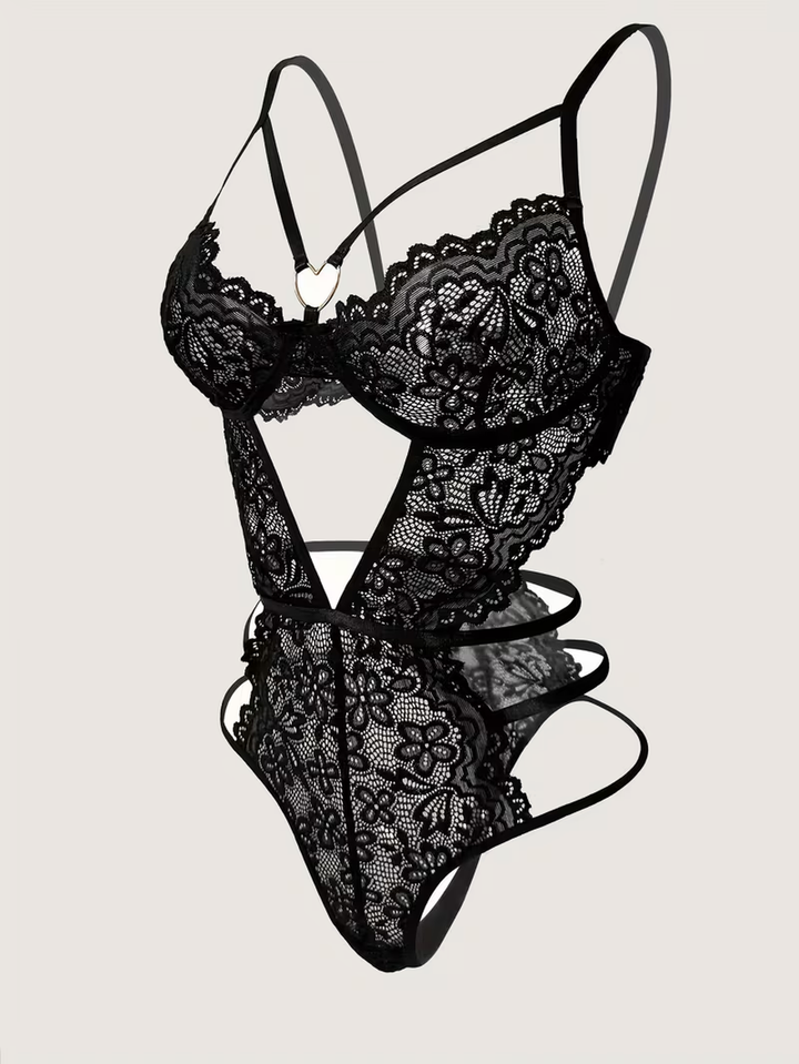 Transparenter Body aus Blumen-Spitze mit offenem Rücken und goldfarbenem Herzring