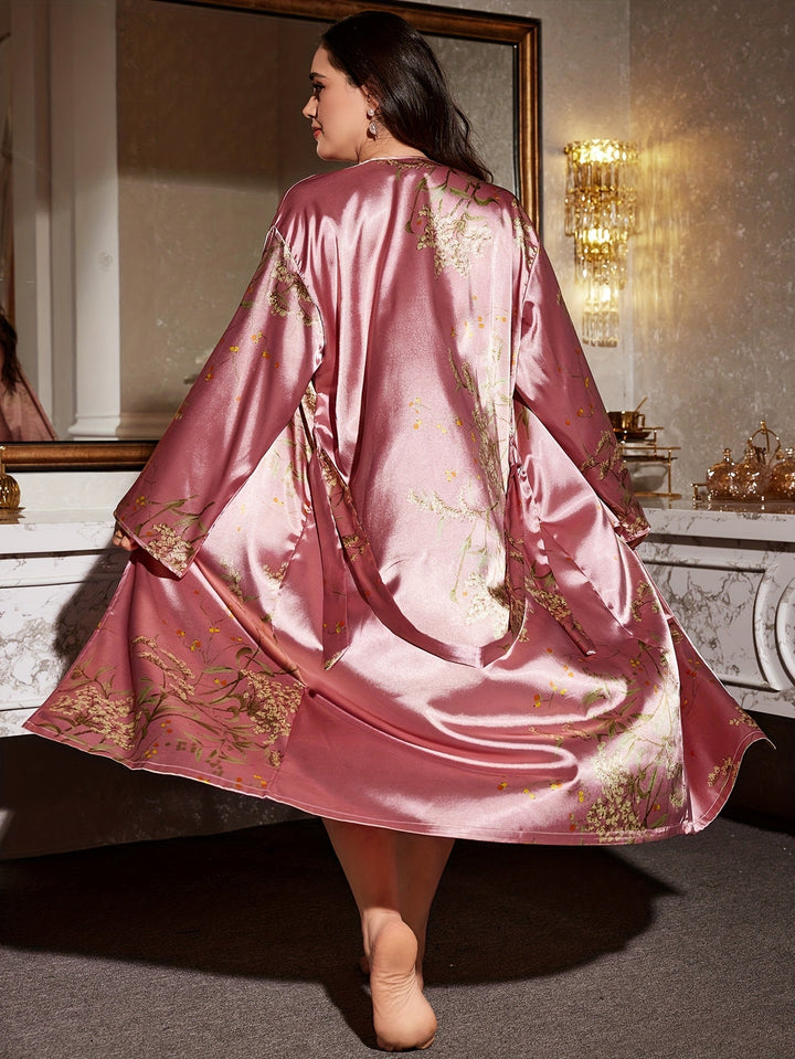 Langer Satin-Kimono mit Blumen-Print, Bindegürtel und weiten Glockenärmeln