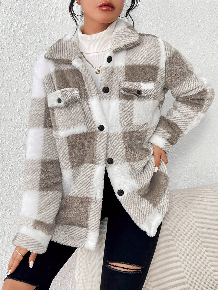 Aurora Karierter Kuschel-Fleece Wintermantel – Weicher Stretch Plaid Mantel