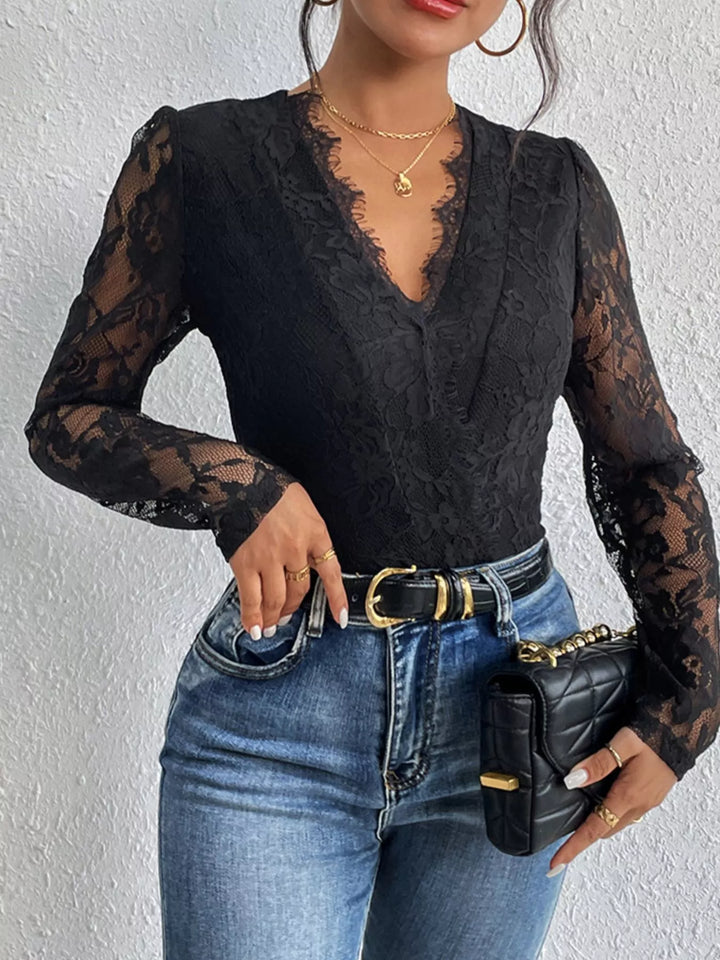 Ava - Damen Spitzen-Body mit V-Ausschnitt | Langarm | Figurbetont & Bequem