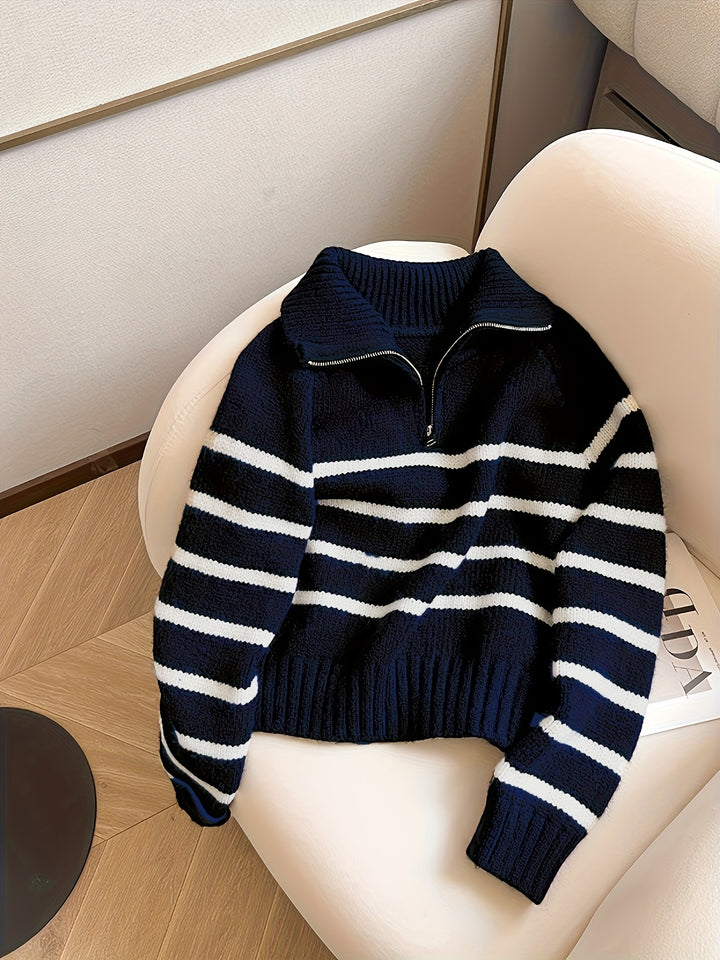 Luna Schwarz-Weiß Gestreifter Halb-Zip Turtleneck Pullover
