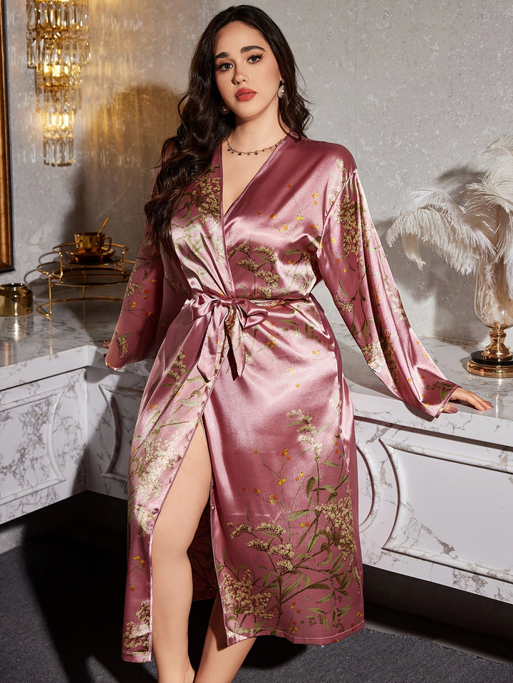Langer Satin-Kimono mit Blumen-Print, Bindegürtel und weiten Glockenärmeln