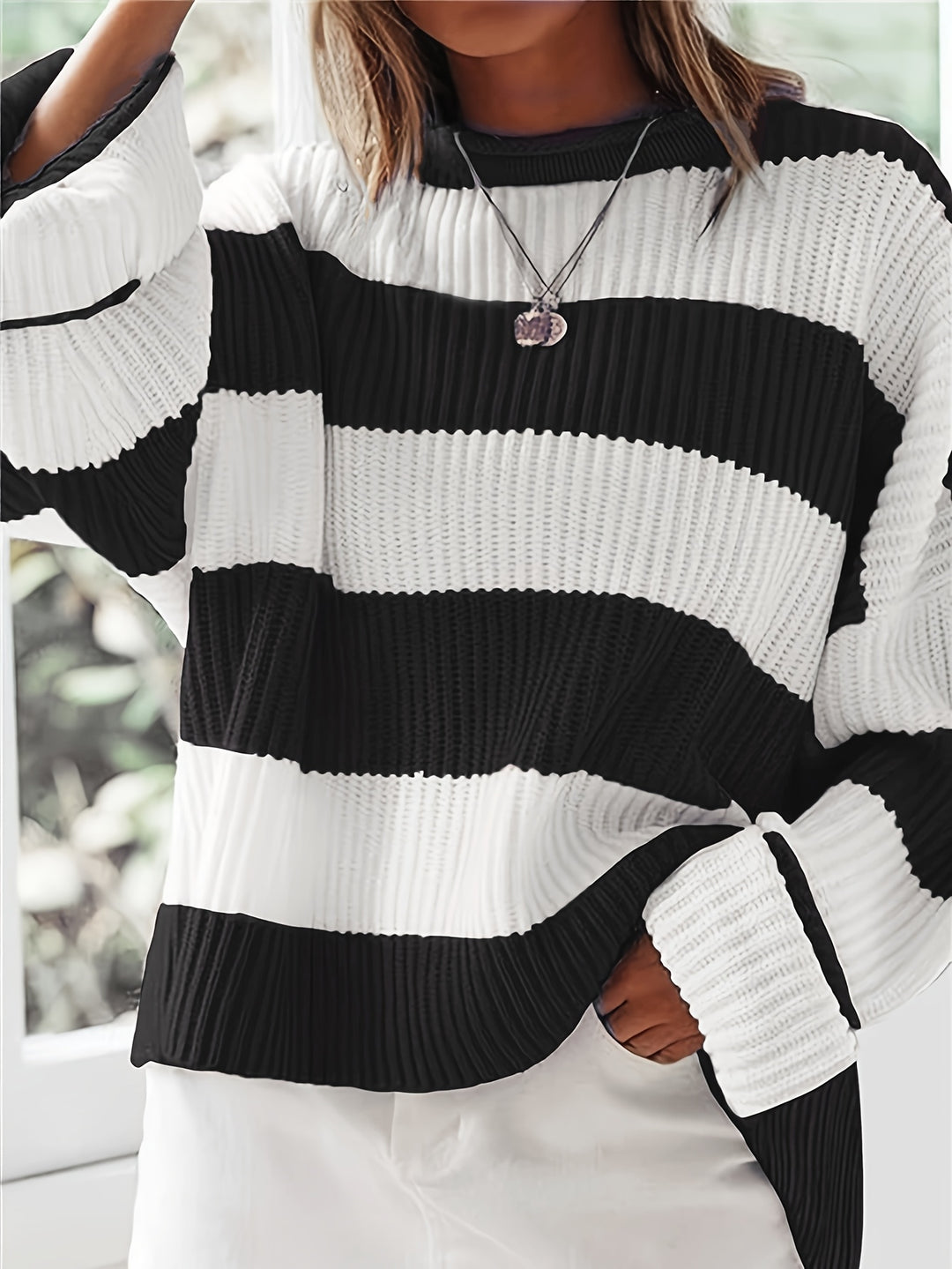 Sienna Beige-Braun Vertikal gestreifter Pullover