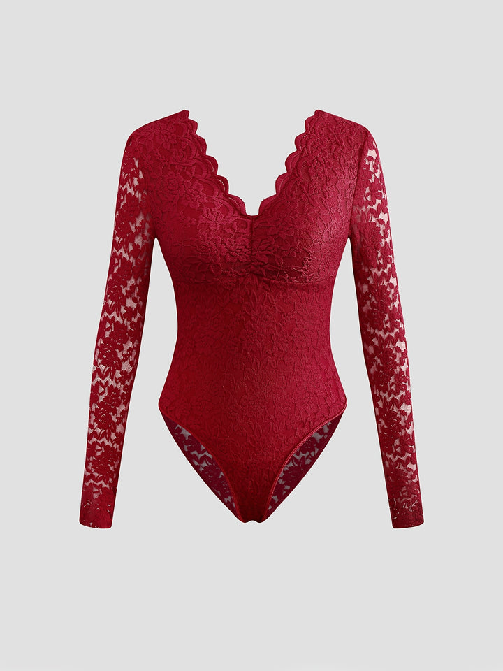 Eleganter Burgunderroter Spitzen Bodysuit