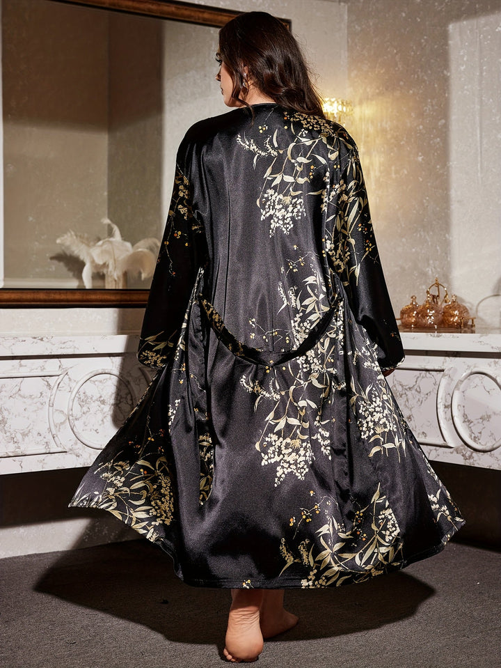 Langer Satin-Kimono mit Blumen-Print, Bindegürtel und weiten Glockenärmeln
