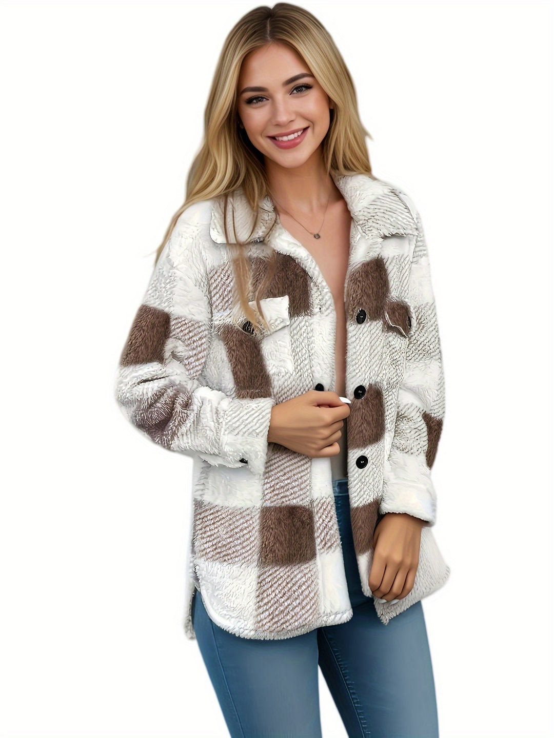 Aurora Karierter Kuschel-Fleece Wintermantel – Weicher Stretch Plaid Mantel