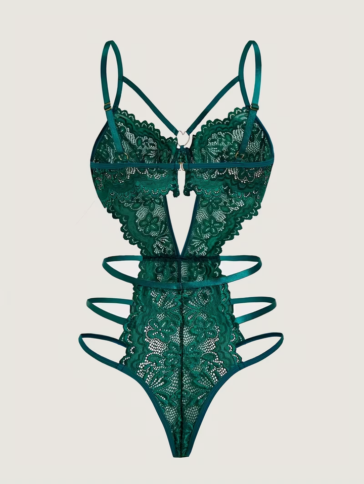 Transparenter Body aus Blumen-Spitze mit offenem Rücken und goldfarbenem Herzring