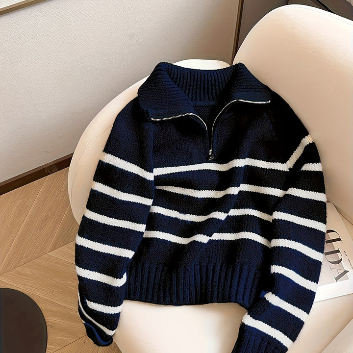 Luna Schwarz-Weiß Gestreifter Halb-Zip Turtleneck Pullover