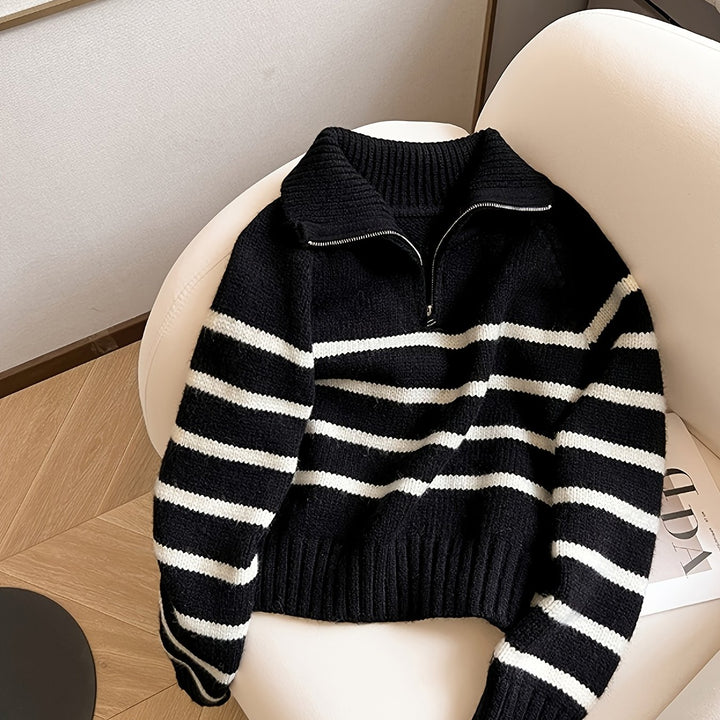 Luna Schwarz-Weiß Gestreifter Halb-Zip Turtleneck Pullover