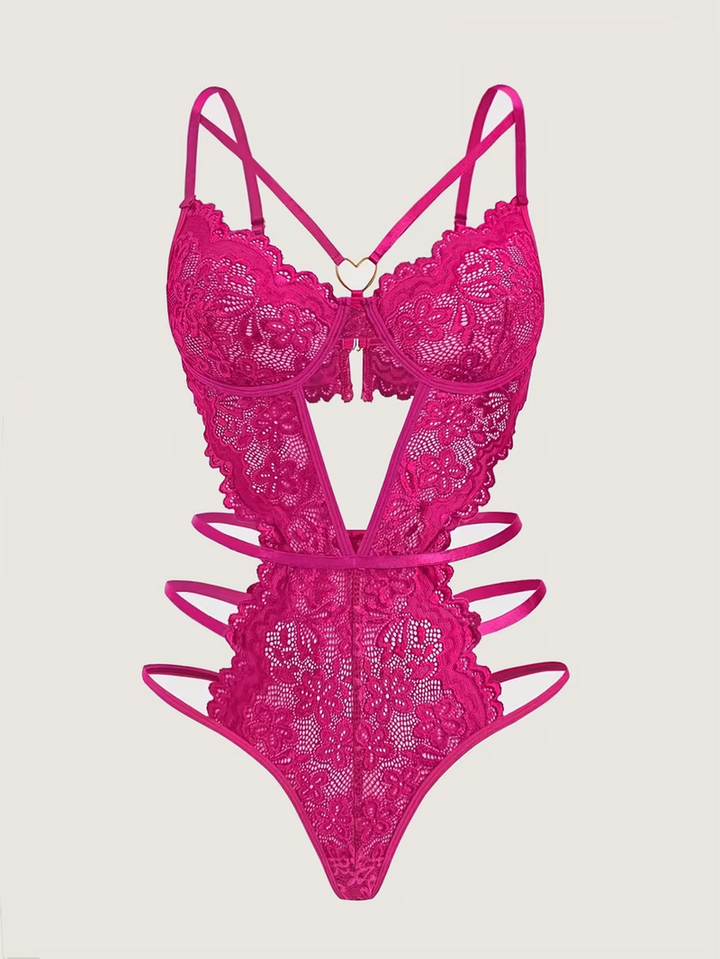 Transparenter Body aus Blumen-Spitze mit offenem Rücken und goldfarbenem Herzring