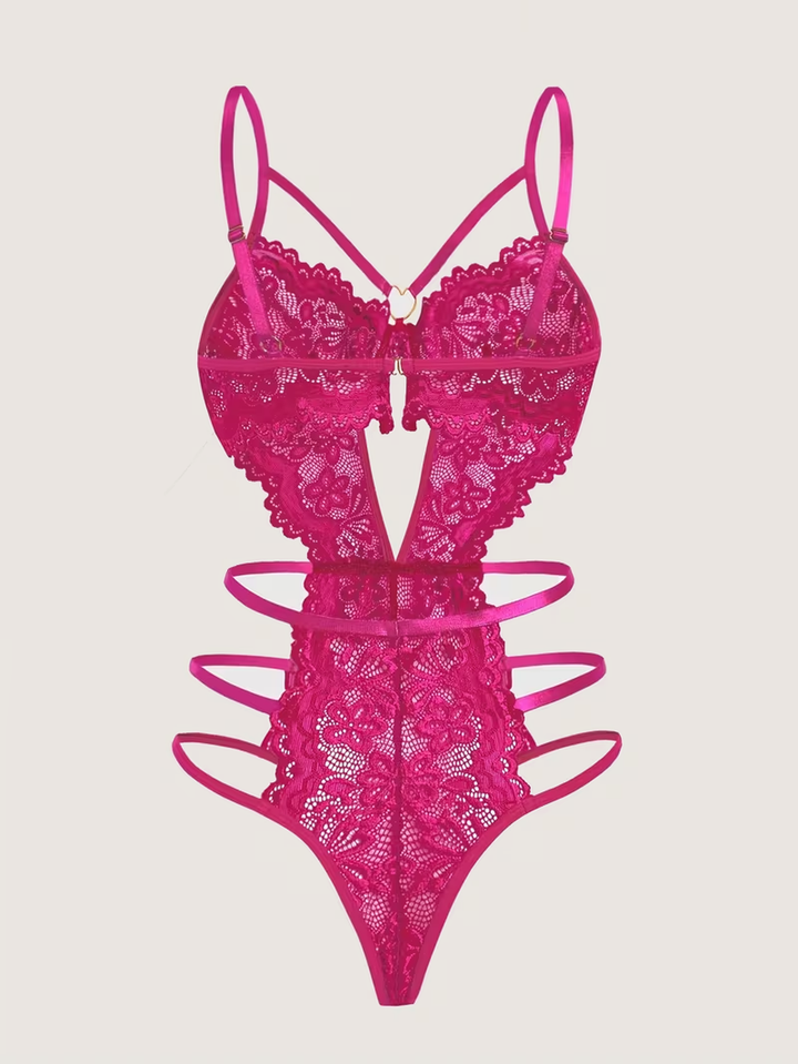 Transparenter Body aus Blumen-Spitze mit offenem Rücken und goldfarbenem Herzring