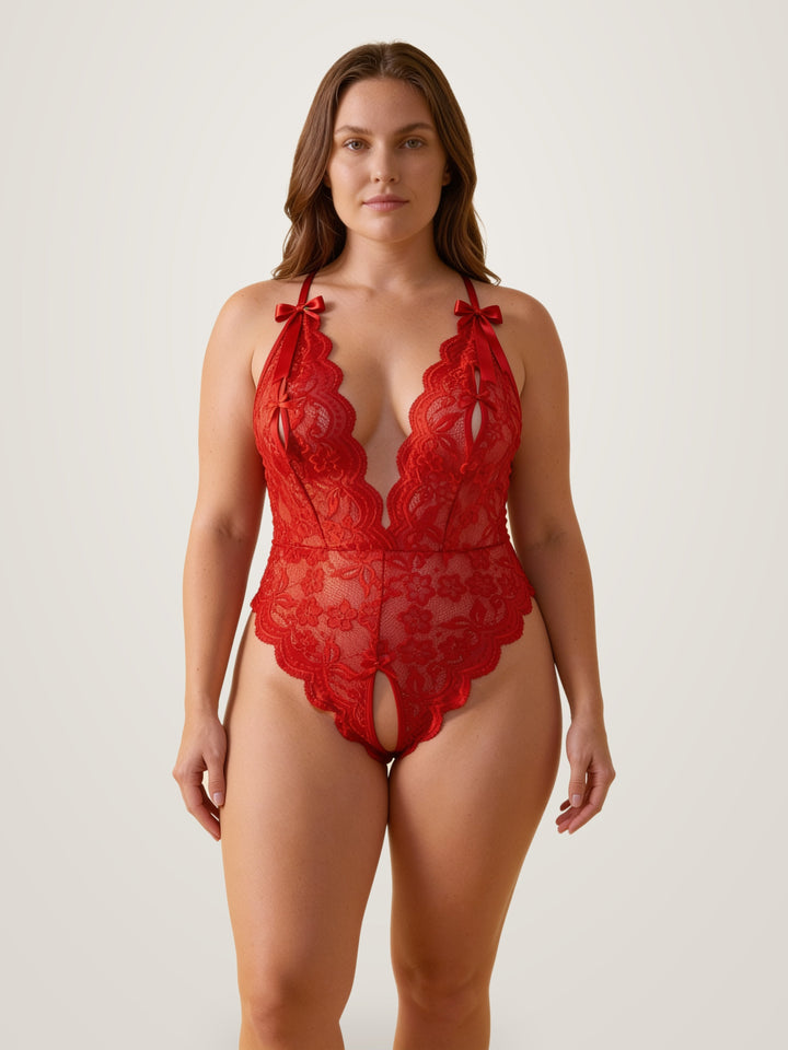 Ouvert-Body aus halbtransparenter Blumen-Spitze mit tiefem V-Ausschnitt und Schleife vorn