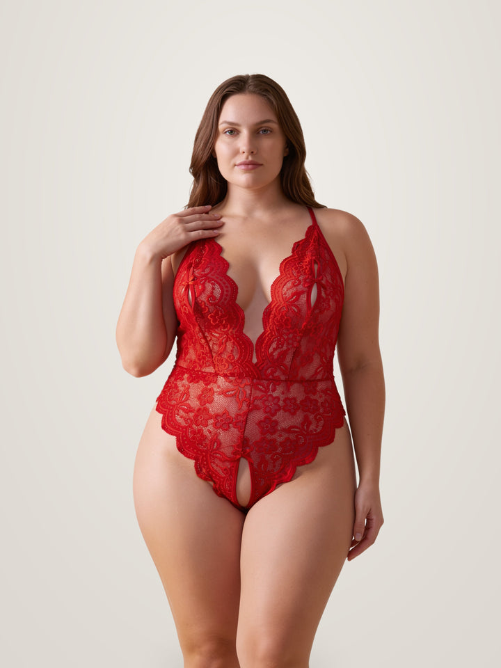 Ouvert-Body aus halbtransparenter Blumen-Spitze mit tiefem V-Ausschnitt und Schleife vorn
