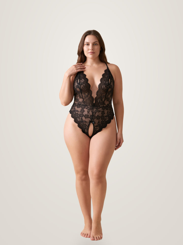 Ouvert-Body aus halbtransparenter Blumen-Spitze mit tiefem V-Ausschnitt und Schleife vorn