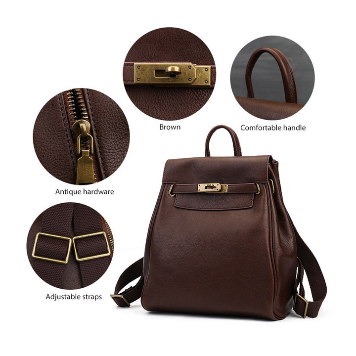 Klassischer Lederrucksack für Damen mit Kelly-Schloss und verstellbaren Trägern