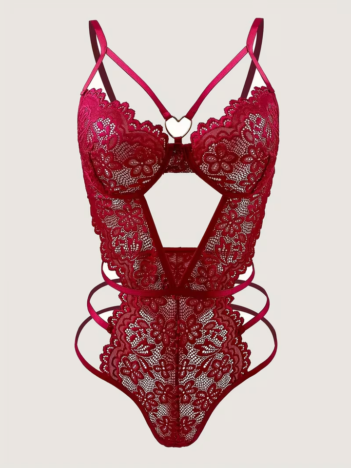 Transparenter Body aus Blumen-Spitze mit offenem Rücken und goldfarbenem Herzring