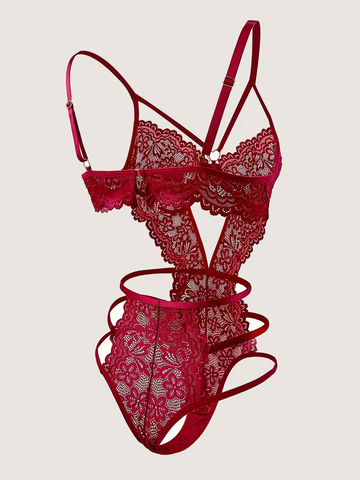 Transparenter Body aus Blumen-Spitze mit offenem Rücken und goldfarbenem Herzring
