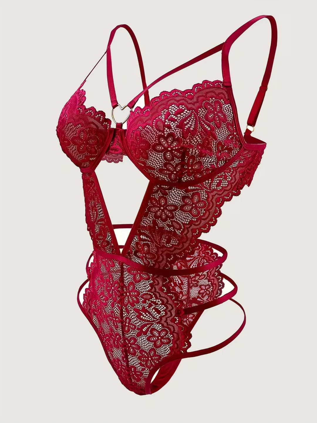 Transparenter Body aus Blumen-Spitze mit offenem Rücken und goldfarbenem Herzring