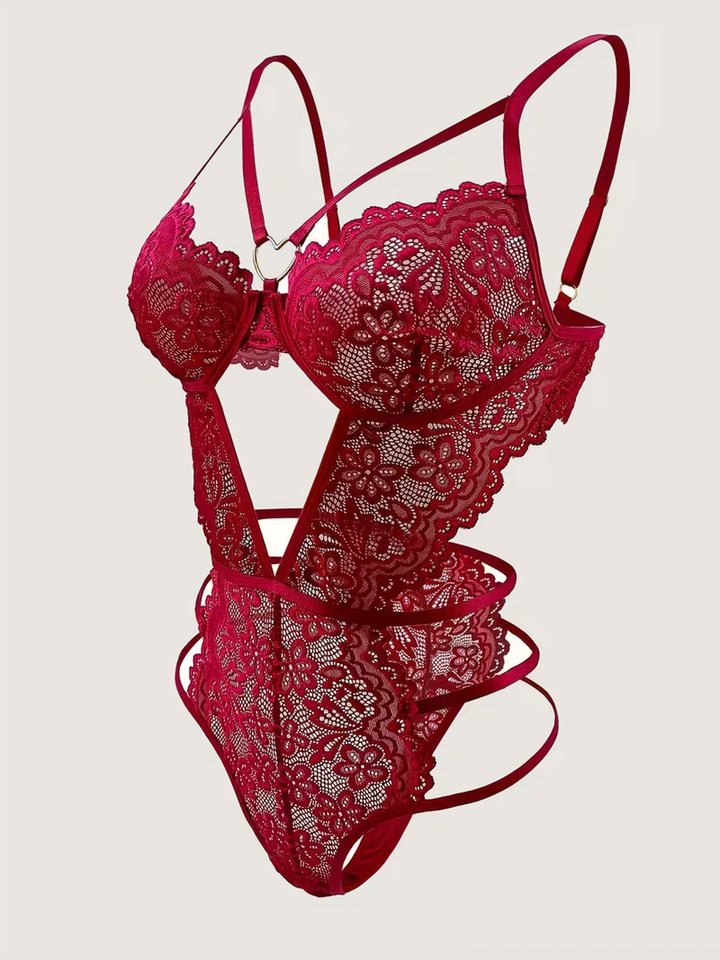 Transparenter Body aus Blumen-Spitze mit offenem Rücken und goldfarbenem Herzring