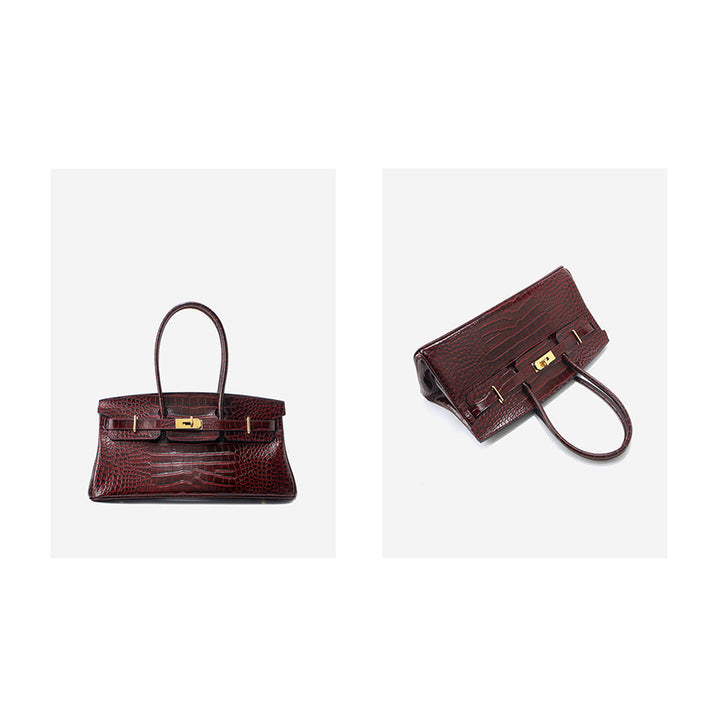 Birk Schultertasche aus Leder mit Kroko-Prägung und goldenen Beschlägen